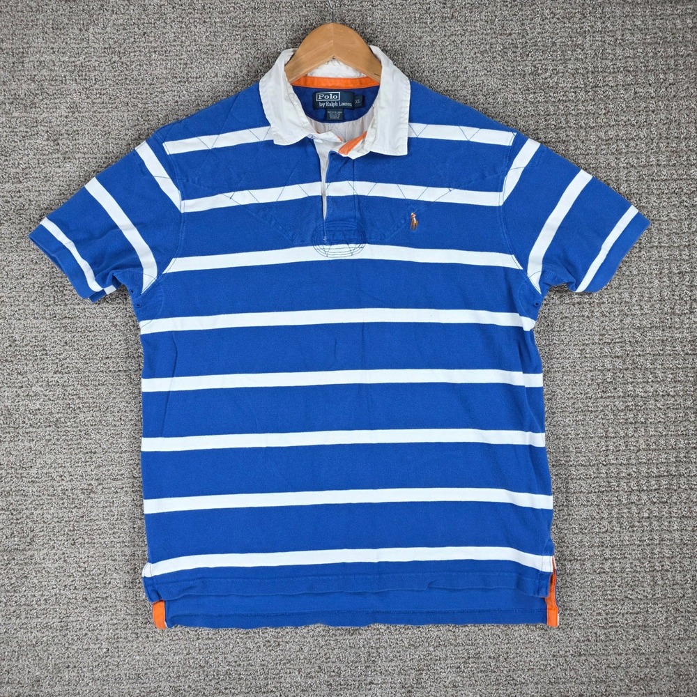 Polo Ralph Lauren Mens XL Blue White Striped Quilted Shoulder Rugby Polo Shirt